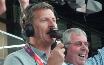 Steve Cram and Brendan Foster celebrate after Mo Farah won the Men's 5,000m final at the London 2012 Olympic Games