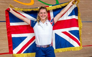 Laura Kenny with a Union Flag at the Tokyo Olympics velodrome - Laura Kenny not expected to compete at Paris 2024 Olympics after birth of second child