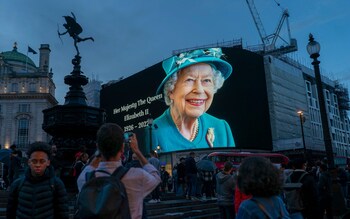 A memorial to the late Queen on Piccadilly Circus after her death