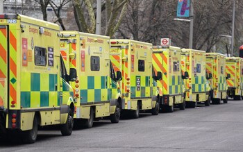 A row of parked ambulances outside a hospital in London