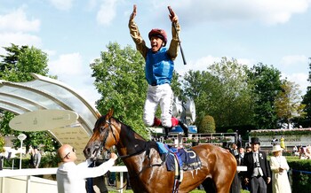 Frankie Dettori performs his trademark flying dismount from Gregory - Frankie Dettori off the mark at his final Royal Ascot