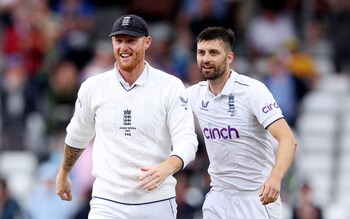 Mark Wood of England celebrates with captain Ben Stokes after dismissing out Mitchell Starc of Australia during Day Three of the LV= Insurance Ashes 3rd Test Match between England and Australia at Headingley on July 08, 2023 in Leeds, England