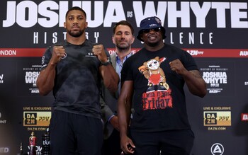 Anthony Joshua and Dillian Whyte (and the ever-present, limelight hogging Eddie Hearn) at Monday's press conference  - Anthony Joshua vs Dillian Whyte: When is rematch fight, how to watch and undercard line-up