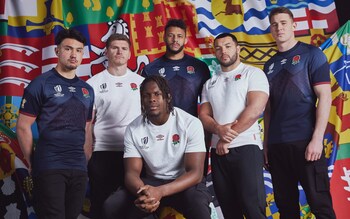 A press image of six England players modelling the new Rugby World Cup kits for 2023