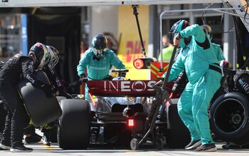 Lewis Hamilton of Great Britain driving the (44) Mercedes AMG Petronas F1 Team W14 makes a pitstop during the F1 Grand Prix of Hungary