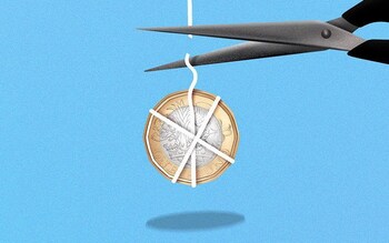 A pound coin and a pair of scissors illustration