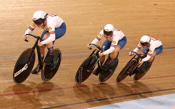 Britain's Lauren Bell, Sophie Capewell and Emma Finucane set the pace