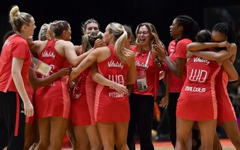 The Roses celebrate making the World Cup final together - England beat holders New Zealand to reach Netball World Cup final