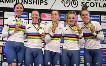 Great Britain's Katie Archibald, Anna Morris, Elinor Baker, Megan Barker and Josie Knight  celebrate on the podium (left to right) - Katie Archibald leads Britain to team pursuit world title