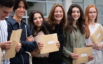 Gillian Keegan pictured with students at City of London Academy in Islington as they received their A-level results on Thursday