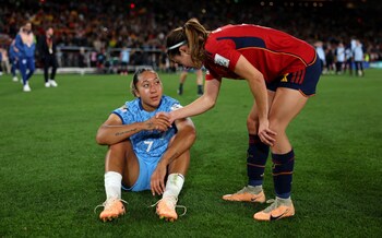 Lauren James of England is consoled by Aitana Bonmati of Spain after the FIFA Women's World Cup Australia & New Zealand 2023 Final match between Spain and England