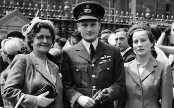 Cliff Godwin in 1953 outside Buckingham Palace with his mother and wife after receiving his Air Force Cross