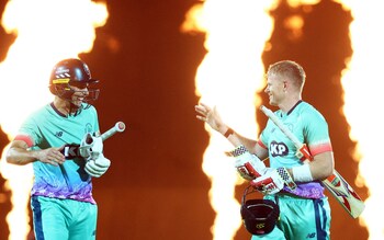 Sam Billings and Tom Curran celebrate Oval Invincibles' victory over Trent Rockets