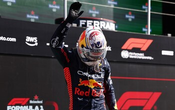 Red Bull's Max Verstappen celebrates after qualifying in pole position