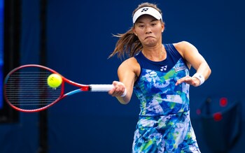 Lily Miyazaki plays a forehand shot during her first-round victory over Margarita Betova at the US Open - Lily Miyazaki: Britain’s new US Open match-winner following in Emma Raducanu footsteps
