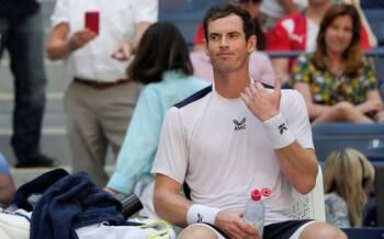 Andy Murray, of Great Britain, reacts during a match against Grigor Dimitrov, of Bulgaria, during the second round of the U.S. Open tennis championships, Thursday, Aug. 31, 2023, in New York