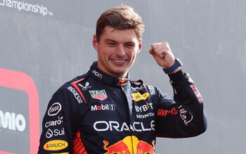 Autodromo Nazionale Monza, Monza, Italy - September 3, 2023 Red Bull's Max Verstappen celebrates on the podium after winning the Italian Grand Prix