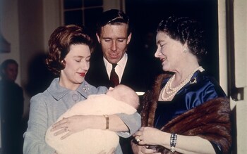 The Queen Mother is introduced to baby David Linley in 1961 by his parents Princess Margaret and Lord Snowdon