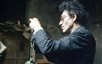 Sculptor Alberto Giacometti at work in his Paris studio, 1962
