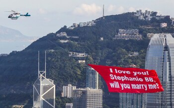 Victor Tang spent £33k on a helicopter banner when proposing to his girlfriend Stephanie Cheung in Hong Kong in 2015