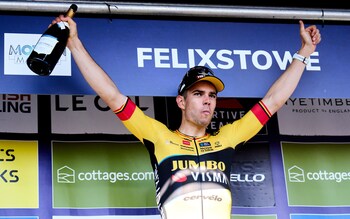 Wout van Aert celebrates winning stage five of the Tour of Britain - Wout van Aert grabs lead of Tour of Britain